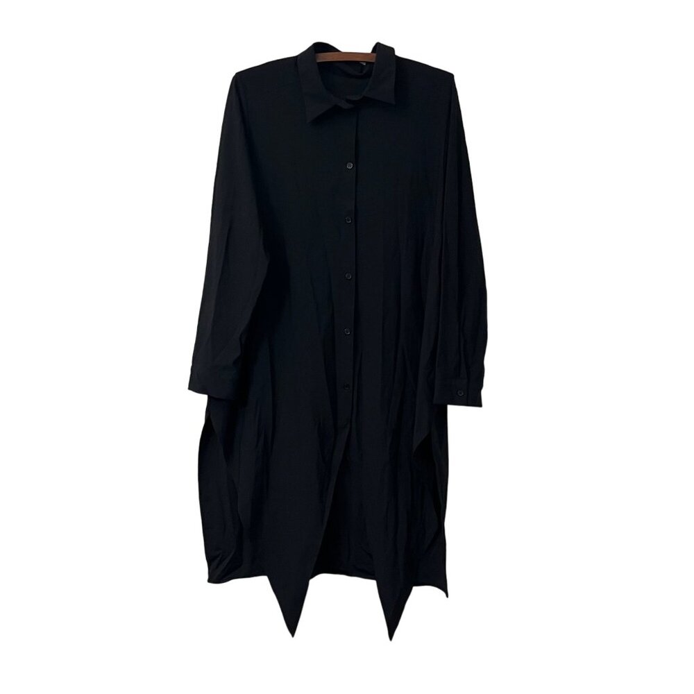 Womens Black Microfiber Minimalist Stretch Tie Front Shirt Dress Size Large
